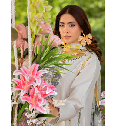 UHE-51 (Beige) 3 Pc Embroidered Cambric Cotton trending Farshi Shalwar ready to wear Dress | Summer Wear | Heera's