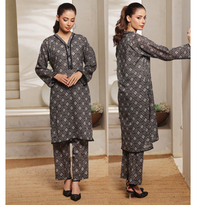 2 Pc Printed Lawn Monochrome Co-Ords Dress - Saphron