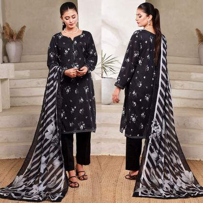 3 Pc Printed Lawn Monochrome Collection - Saphron