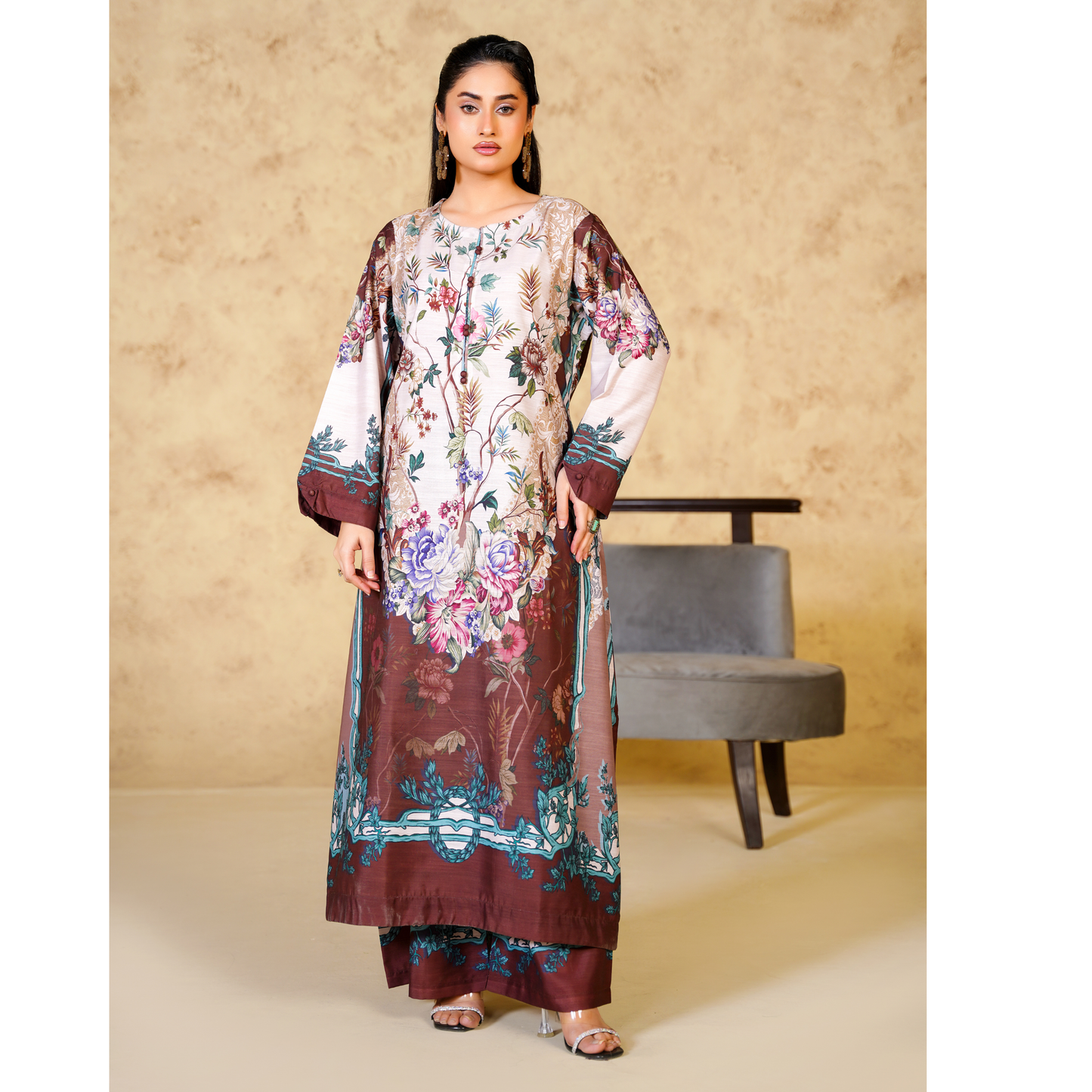 UA-157 Printed Slub Khaddar Kaftan Co-Ord Set | Winter 2 Piece Outfit