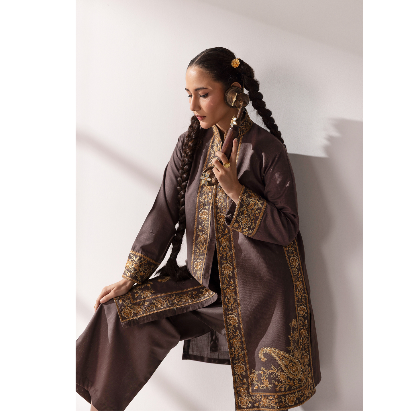 UMS-51 Maria.B inspired Embroidered Khaddar Jacket style dress with chiffon Duppatta by Simrans
