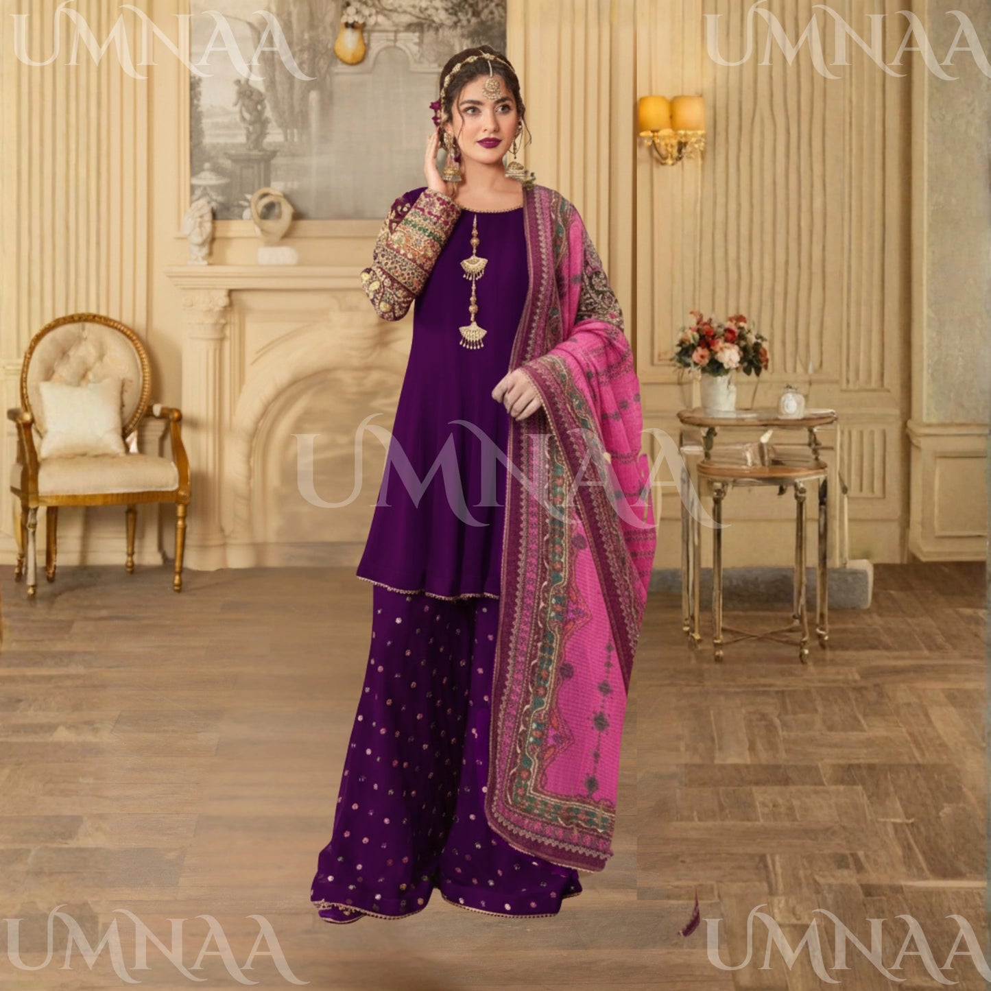 UA-166 Embroidered Chiffon Viral Sharara 3-Piece Collection by Umnaa