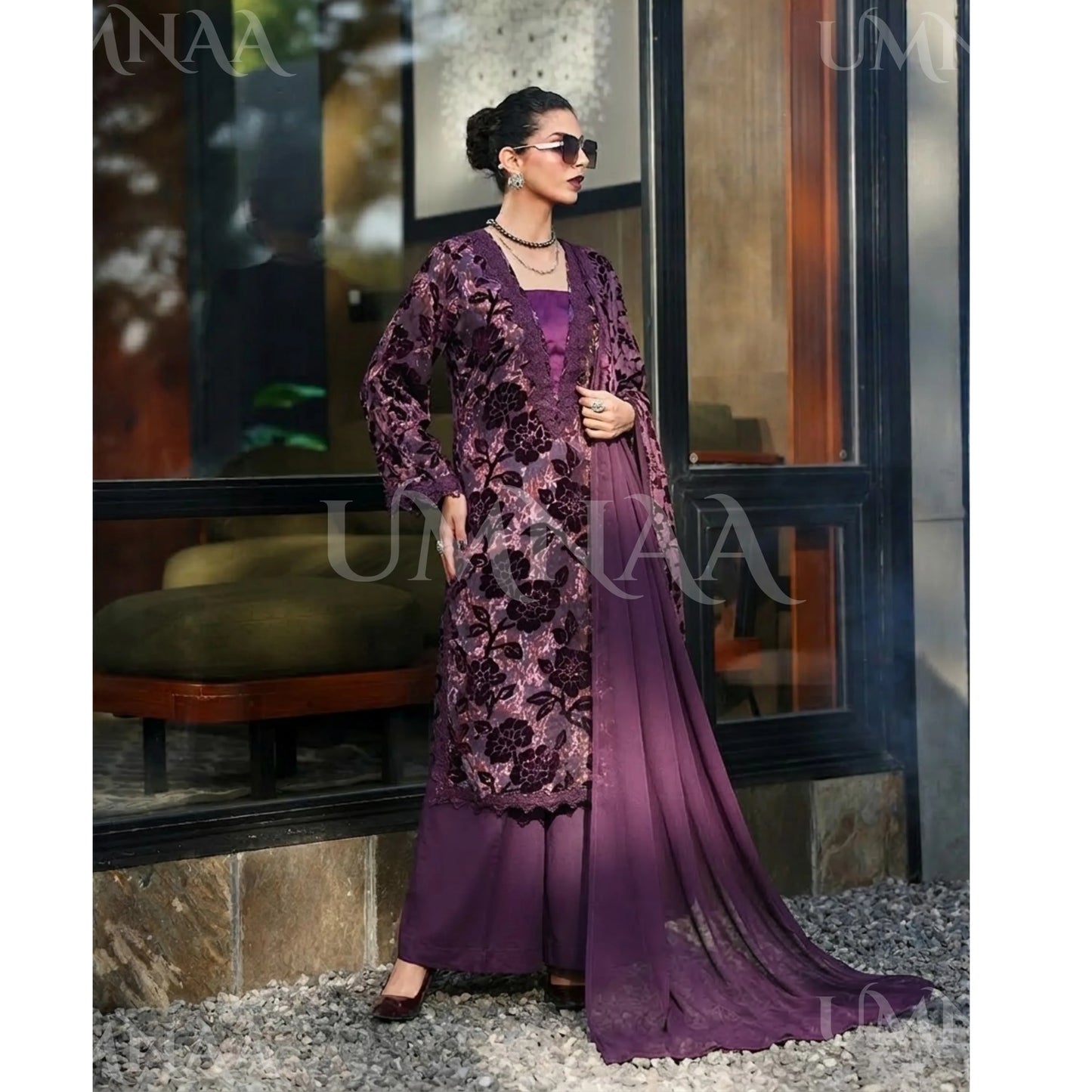UA-175 Festive Palachi Velvet Dress with Chiffon Dupatta 3 Pc Collection by Umnaa