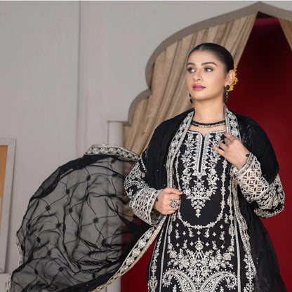 UA-181 Black Embroidered Festive Chiffon Dress by Umnaa