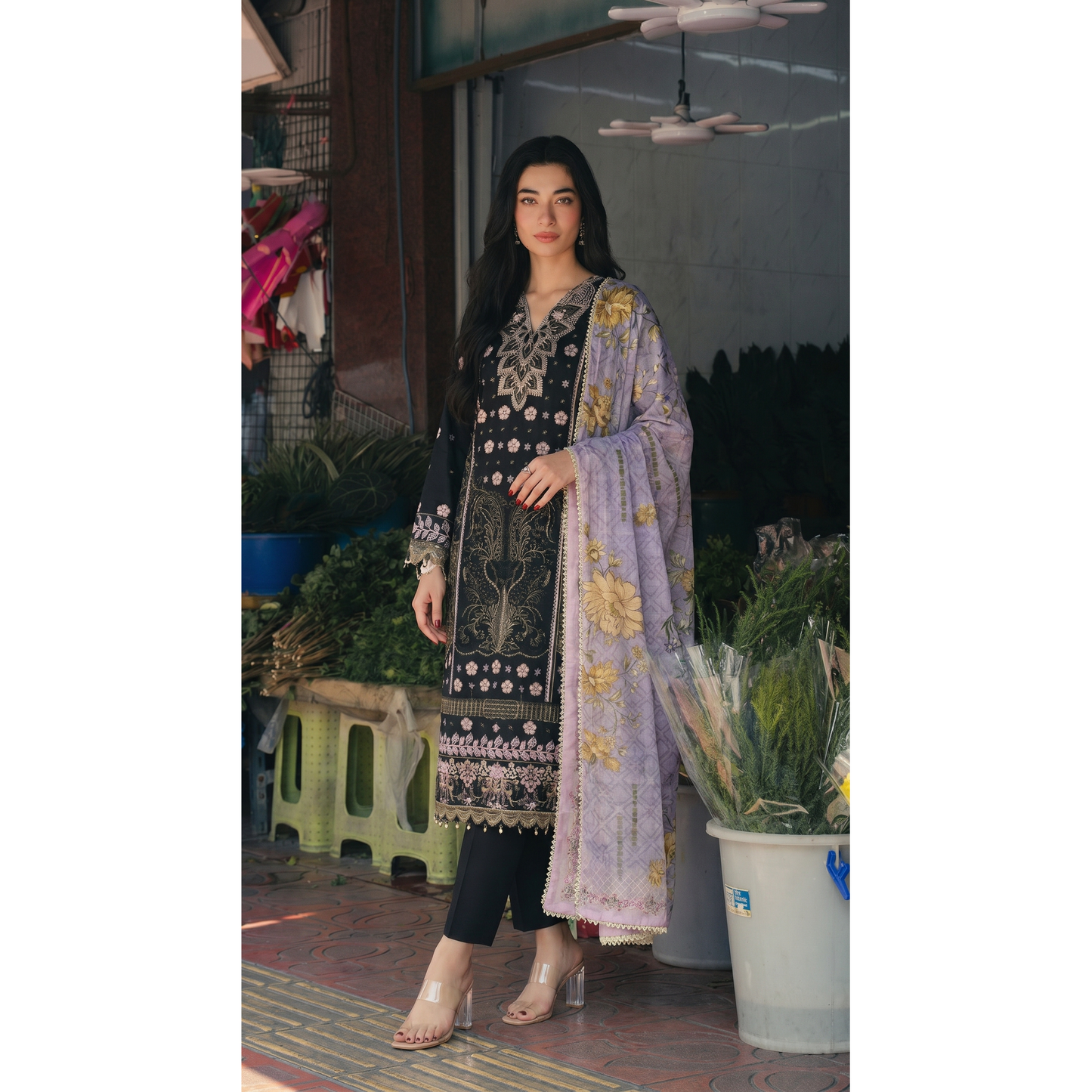 UB-01 3 Pc Embroidered Linen Dress With Cotton Silk Printed Dupatta  By UB