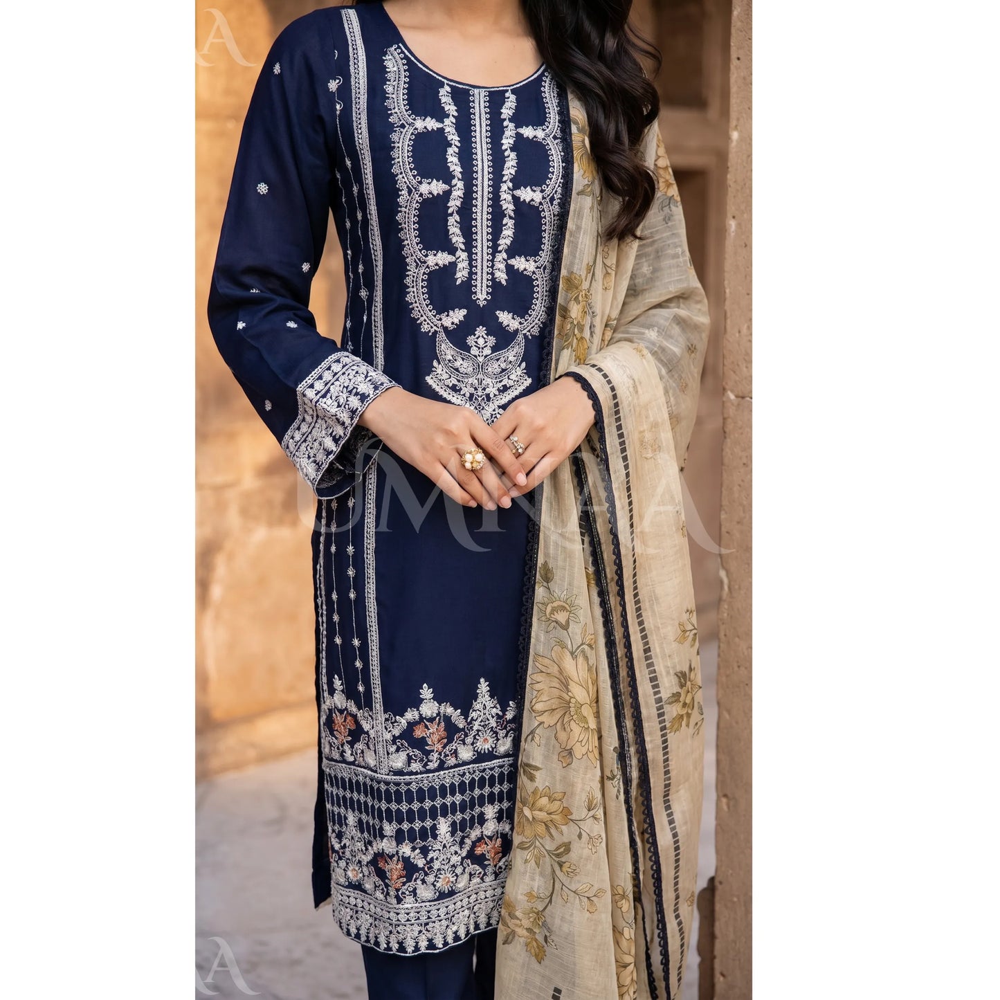 UB-03 3 Pc Embroidered Linen Dress With Cotton Silk Printed Dupatta  By UB