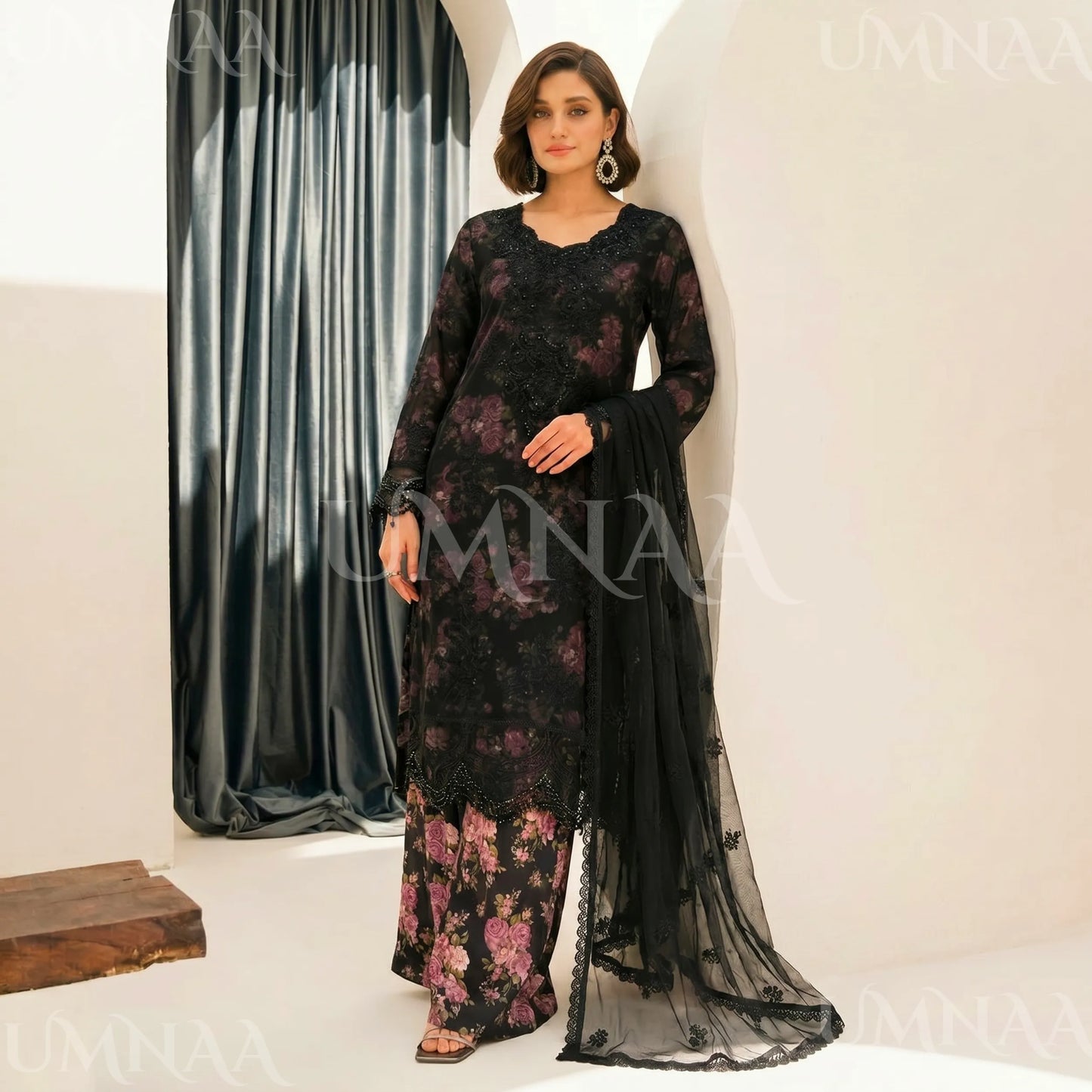 UA-184 Embroidered Chiffon 3-Piece with Printed Lining & Trouser