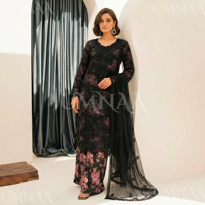 UA-184 Embroidered Chiffon 3-Piece with Printed Lining & Trouser