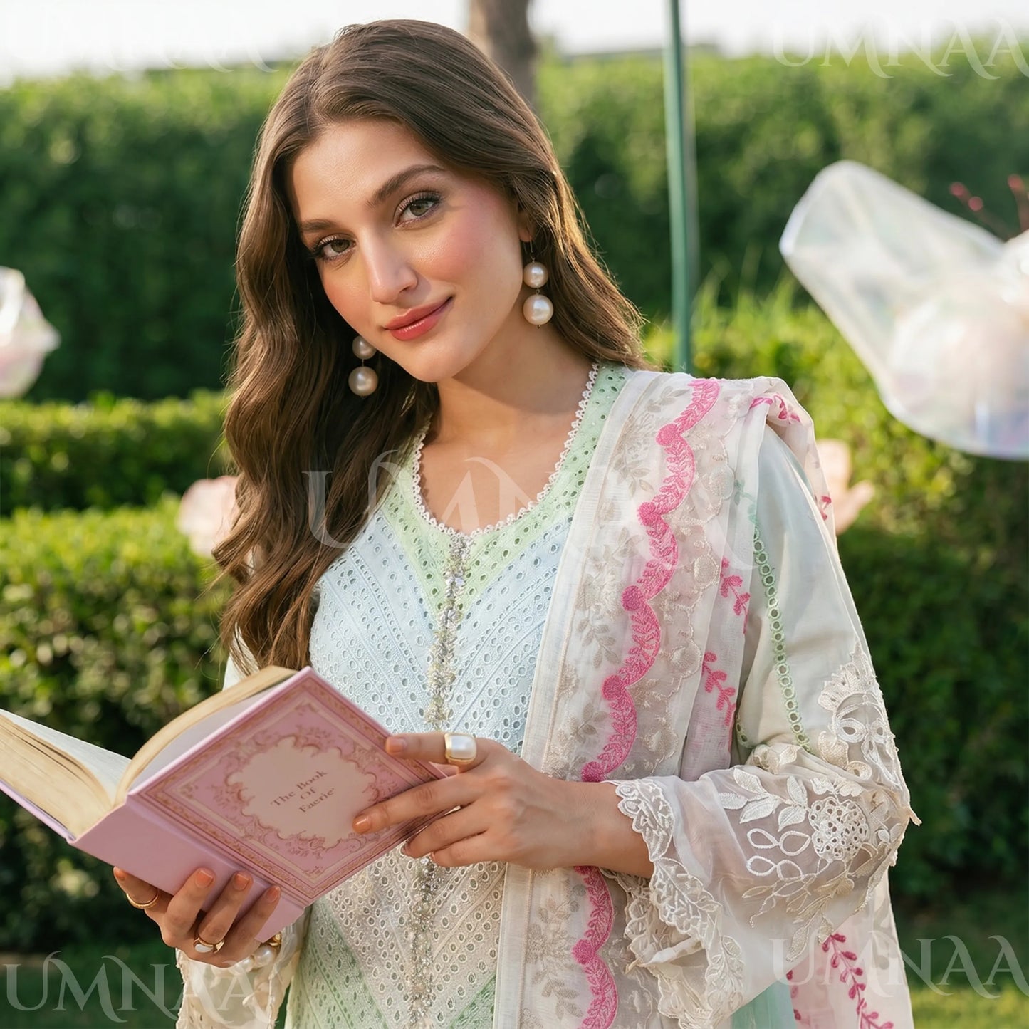 UA-208 Embroidered Chikenkari Cambric Cotton Pastel Festive Collection by Umnaa - Ready to Wear Pakistani Asian clothes