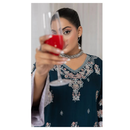 UTT-23 Embroidered Viscose Linen Kaftan Style 2 Piece Co Ord Set Collection by Traditional Thread