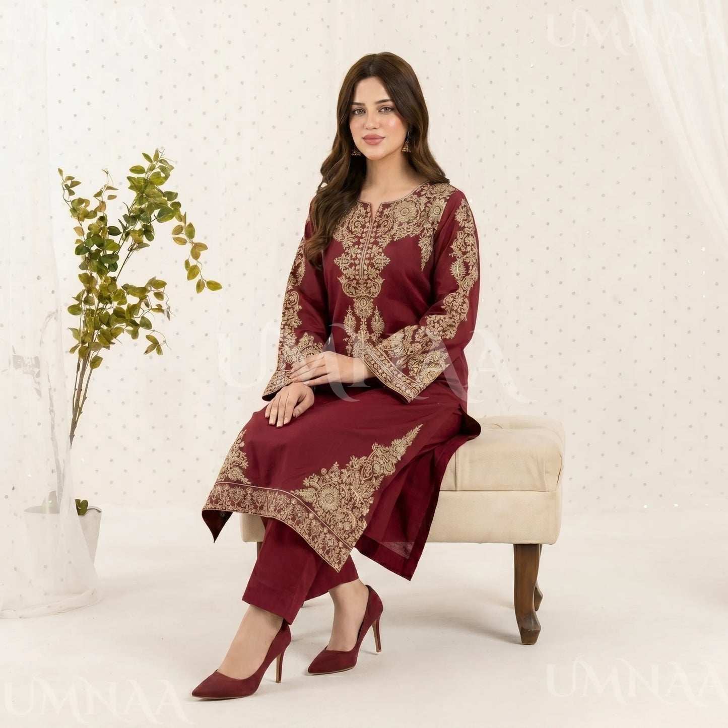 UA-222 Embroidered Cotton Ready to Wear Collection Pakistani Asian Women | 3 Piece Shirt Trouser Duppata by Umnaa