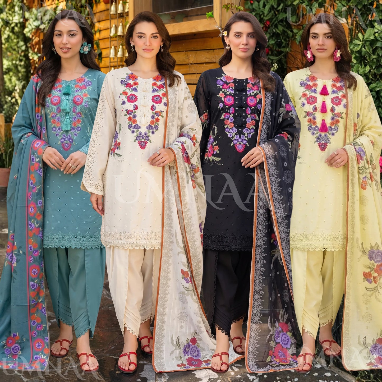 UA-223 Embroidered Cambric Cotton 3 Piece Suit | Tulip Shalwar & Printed Dupatta | Soft Summer Collection by Umnaa