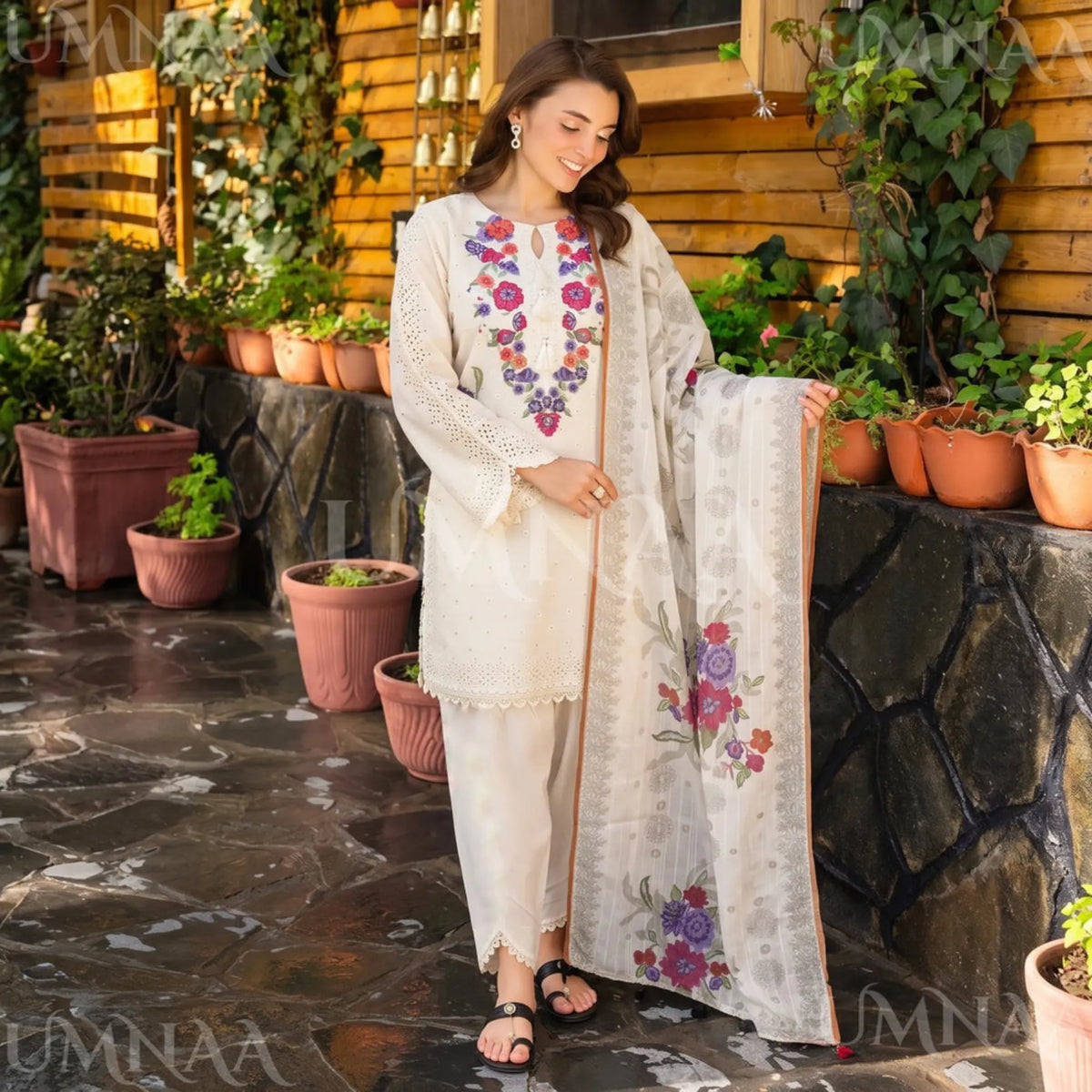 UA-223 Embroidered Cambric Cotton 3 Piece Suit | Tulip Style Shalwar & Printed Dupatta | Soft Summer Collection by Umnaa