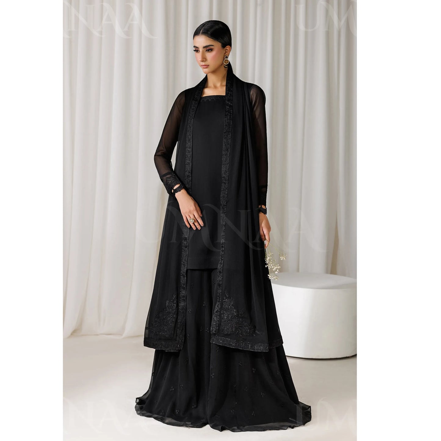 UA-230 Chiffon Sharara Full Sleeves Lined 3 Piece Suit | Chiffon Shirt with Embroidered Sharara & Dupatta | Formal Party Wear