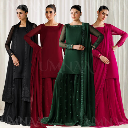 UA-230 Chiffon Sharara Full Sleeves Lined 3 Piece Suit | Chiffon Shirt with Embroidered Sharara & Dupatta | Formal Party Wear