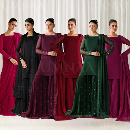 UA-230 Chiffon Sharara Full Sleeves Lined 3 Piece Suit | Chiffon Shirt with Embroidered Sharara & Dupatta | Formal Party Wear