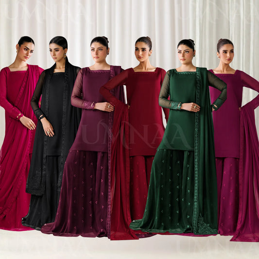 UA-230 Chiffon Sharara Full Sleeves Lined 3 Piece Suit | Chiffon Shirt with Embroidered Sharara & Dupatta | Formal Party Wear