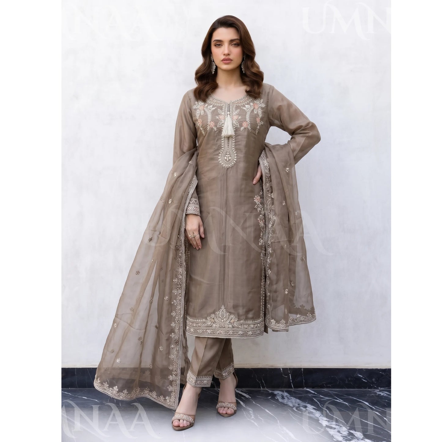 UA-289 Luxury Silk 3-Pc Suit | Embroidered Pakistani Formal Wear