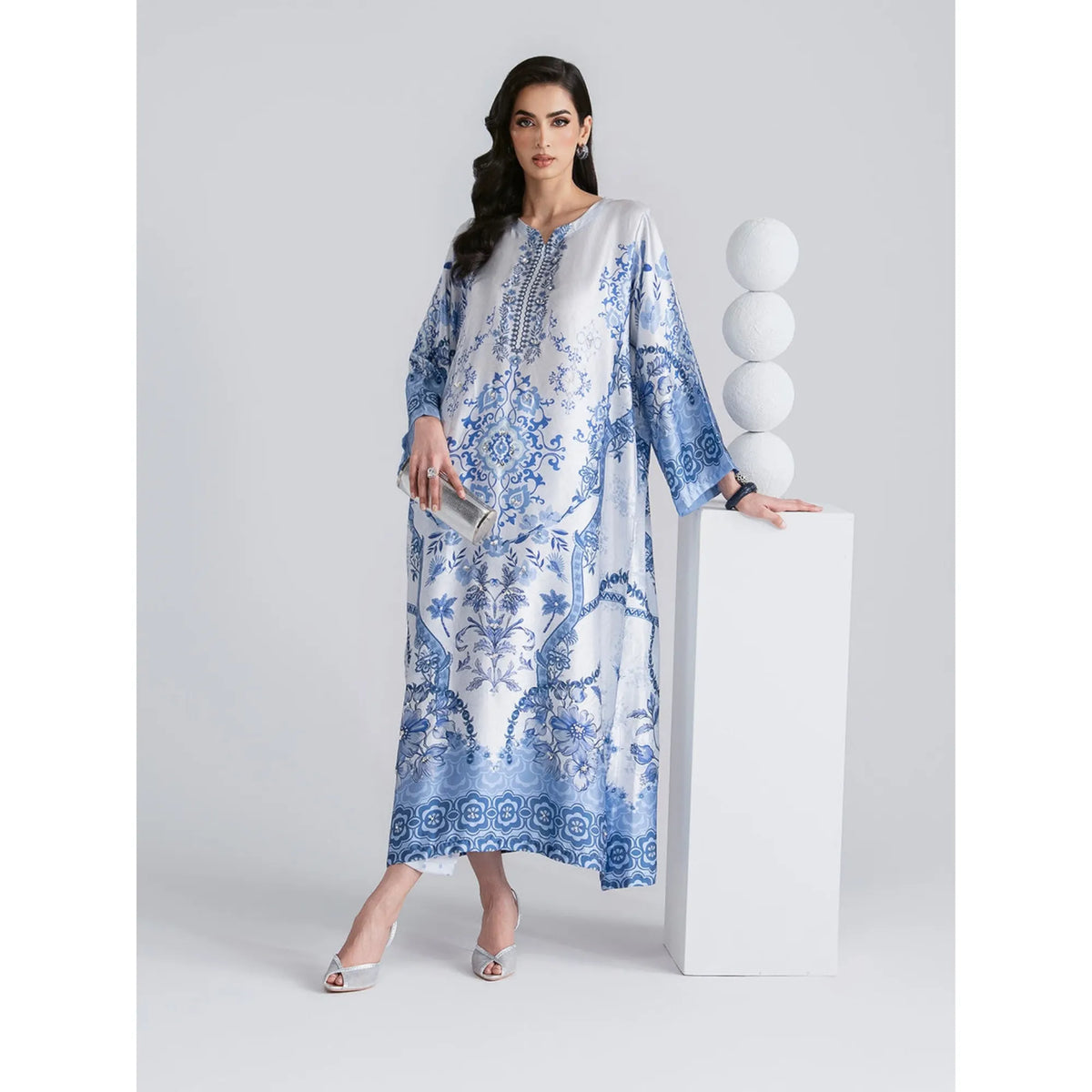 UAL-08 Printed Silk Kaftan with Trouser 2 Pc Set | Ally's