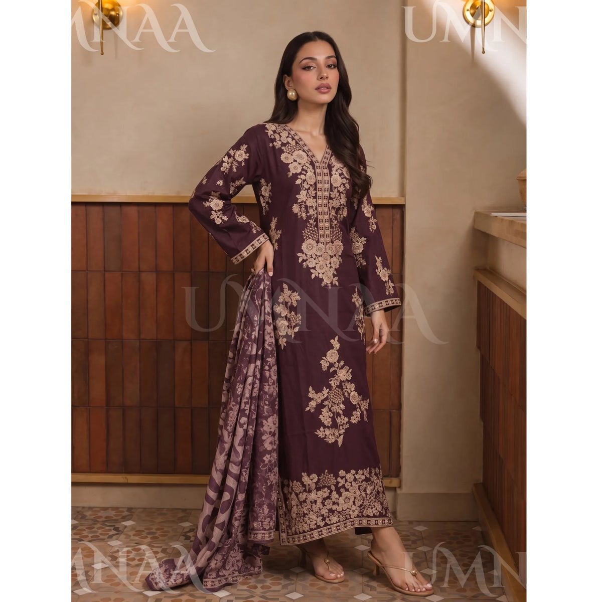 UA-317 Luxury Linen Kaftan Style 3 Pc | Umnaa