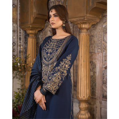 UHE-50 (Navy blue) 3 Pc Embroidered Cambric Cotton ready to wear Dress | Eid Wear | Heera's