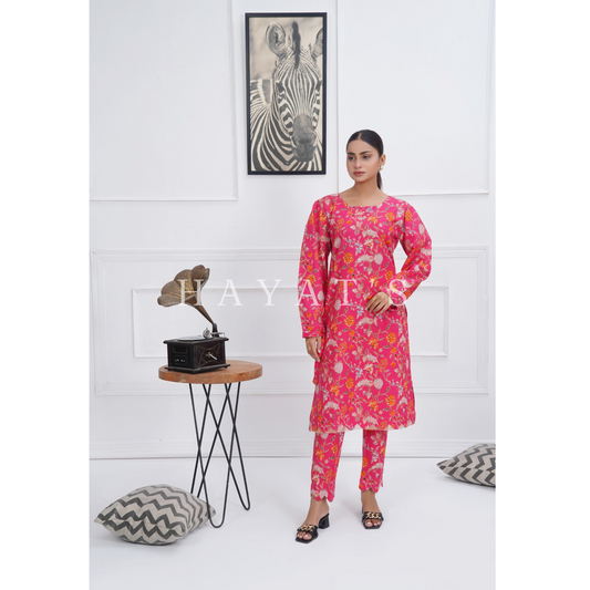 Warm Pink 2 Pc floral Printed Khaddar Pakistani Co-Ords Set | Ready to wear| Hayats