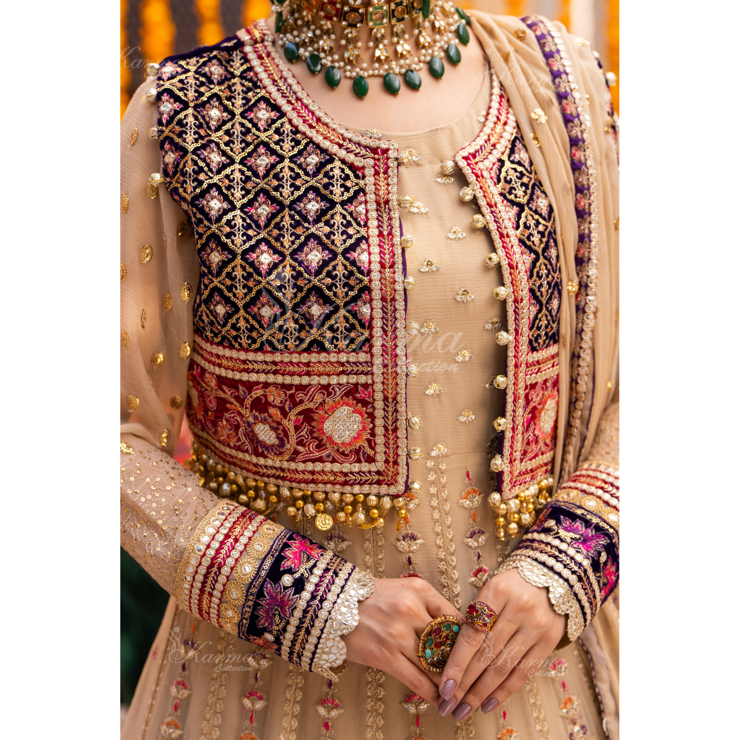 Luxury Embroidered  chiffon long Maxi with velvet jacket | Wedding Collection | karma Collection | UMKC01401