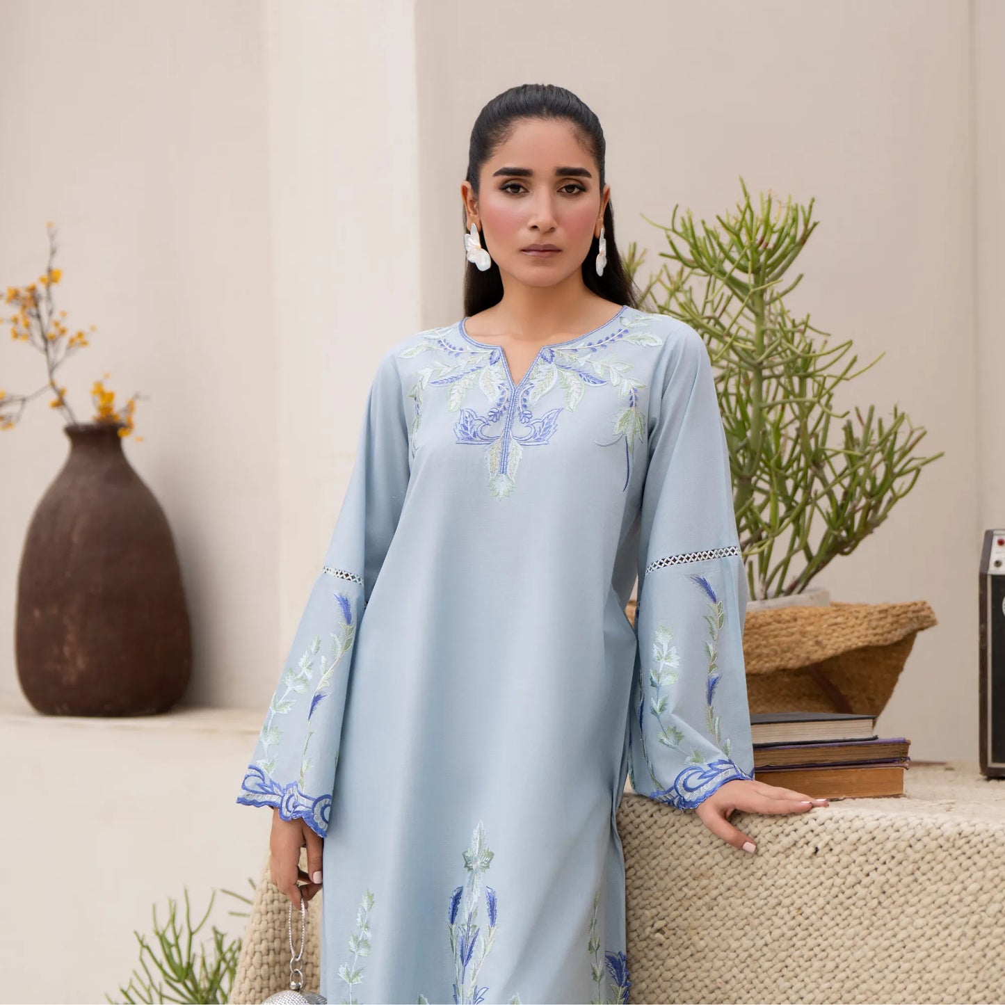 UA-247 Embroidered Cambric Cotton Kaftan Style Co-Ord Set Asian Wear | Umnaa
