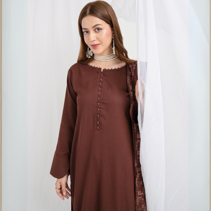 (brown) 3 Pc Dhanak Shirt & Plazo with Dhanak Shawl | Winter Collection | SIMRANS