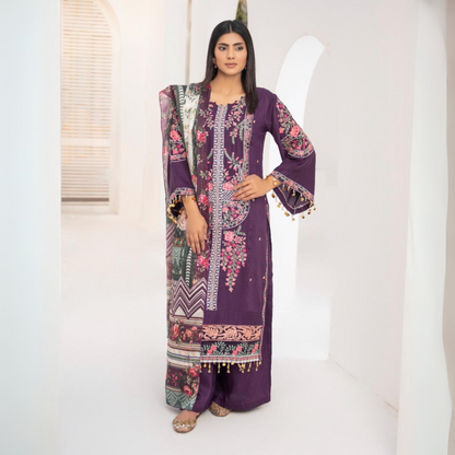 UA-62 Plum Embroidered Viscose Linen 3 Pc Pakistani Dress | UMNAA