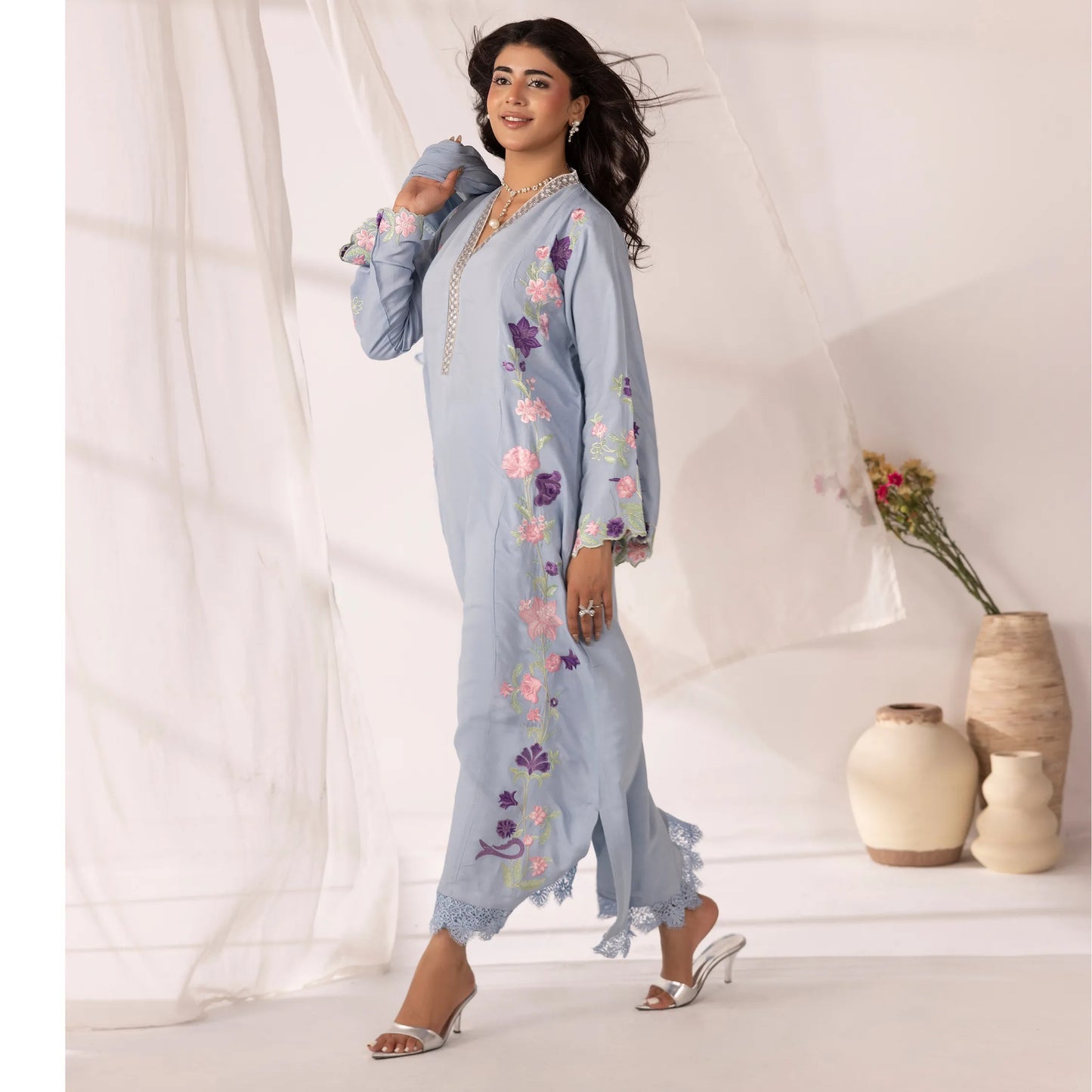 UMS-65 Lira by Simrans Embroidered Viscose Linen 3 Piece Suit | Premium Embroidered Shirt, Trouser & Dupatta | Semi Formal Women's Wear