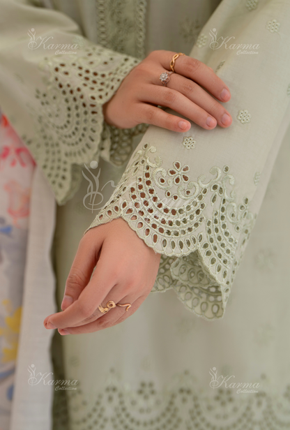 KC- 1386 | Greyish Green  | 3 Pc | Chikenkari Cotton Lawn | Karma Collection