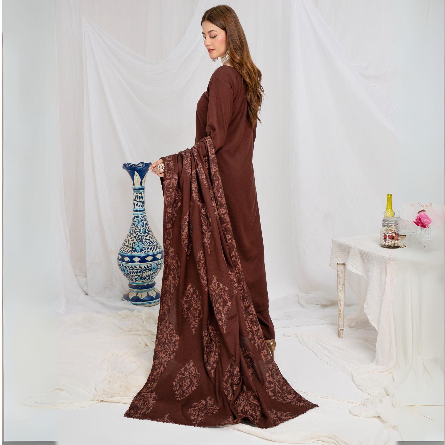 (brown) 3 Pc Dhanak Shirt & Plazo with Dhanak Shawl | Winter Collection | SIMRANS