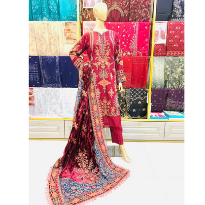 (Maroon) Embroidered Luxury Velvet Twill Linen Suit | 3 Pc | Winter Collection | MARIA.B