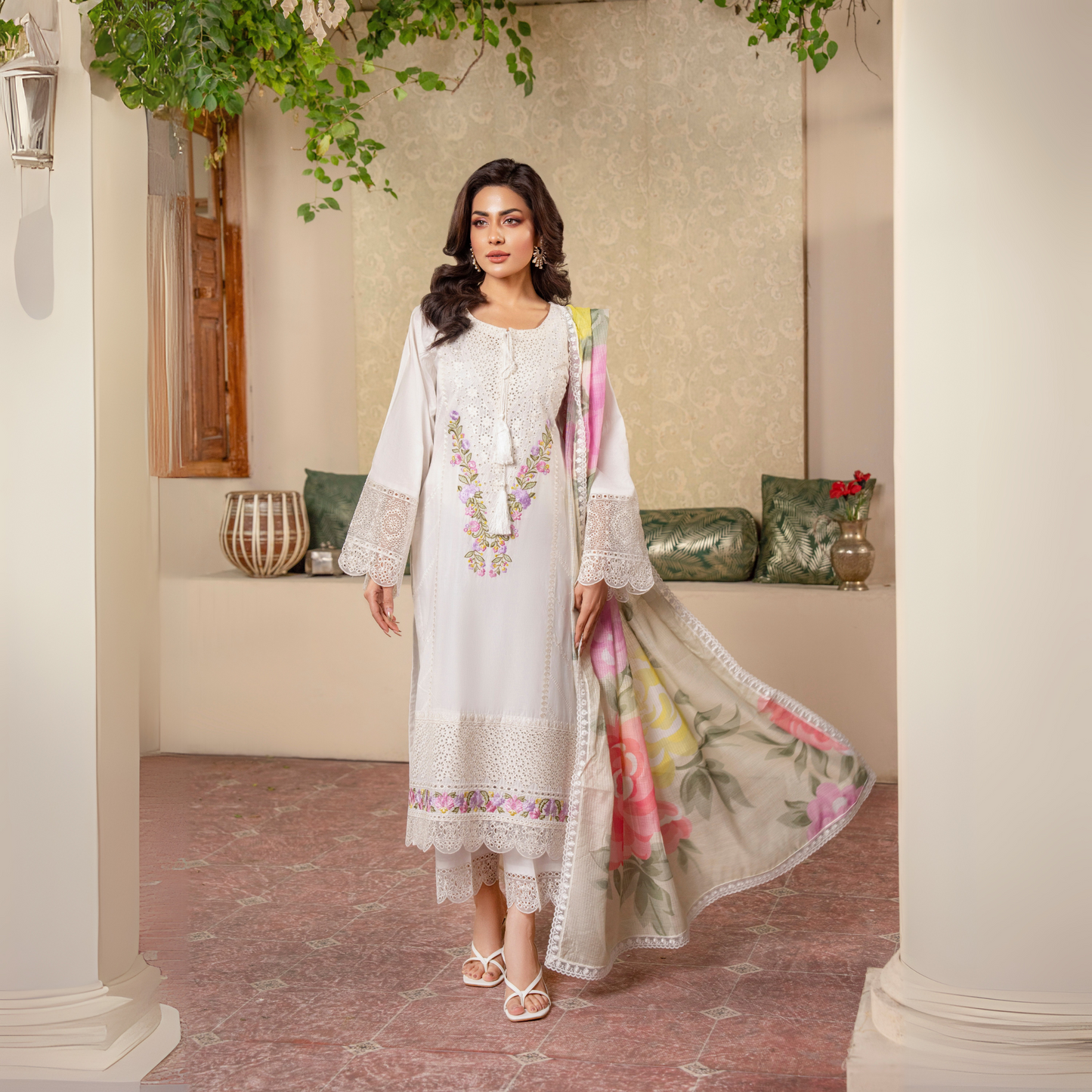 UKC-25 Embroidered Chikenkari Cambric Cotton Ready to Wear 3 Pc - Karma Collection