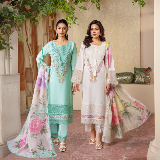UKC-25 Embroidered Chikenkari Cambric Cotton Ready to Wear 3 Pc - Karma Collection