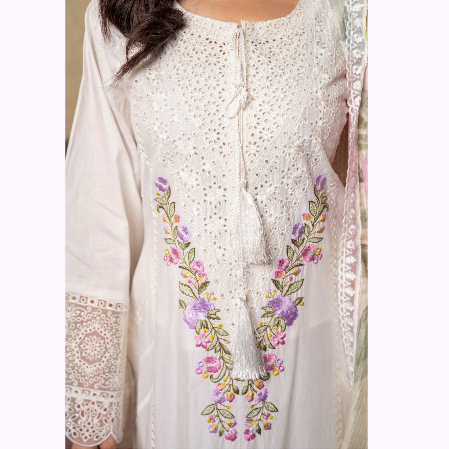 UKC-25 Embroidered Chikenkari Cambric Cotton Ready to Wear 3 Pc - Karma Collection