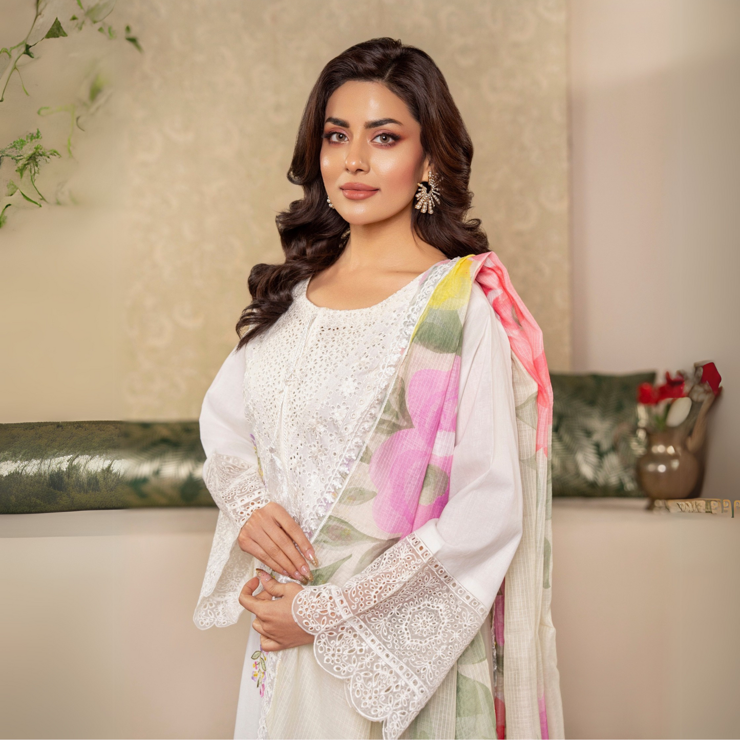 UKC-25 Embroidered Chikenkari Cambric Cotton Ready to Wear 3 Pc - Karma Collection