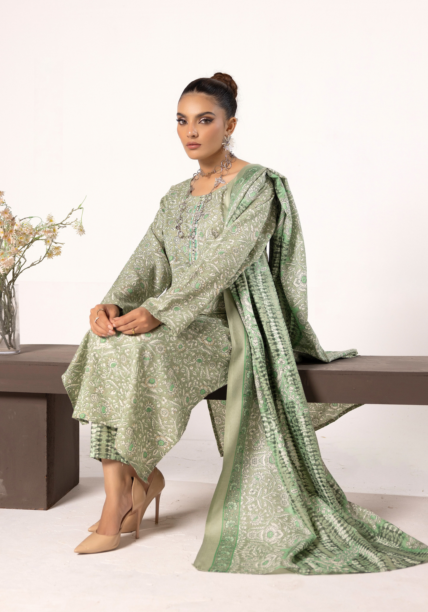 Thistle Green| Printed Linen Shalwar Kameez & Dupatta | 3 Pc | Ready-to-wear | Simrans