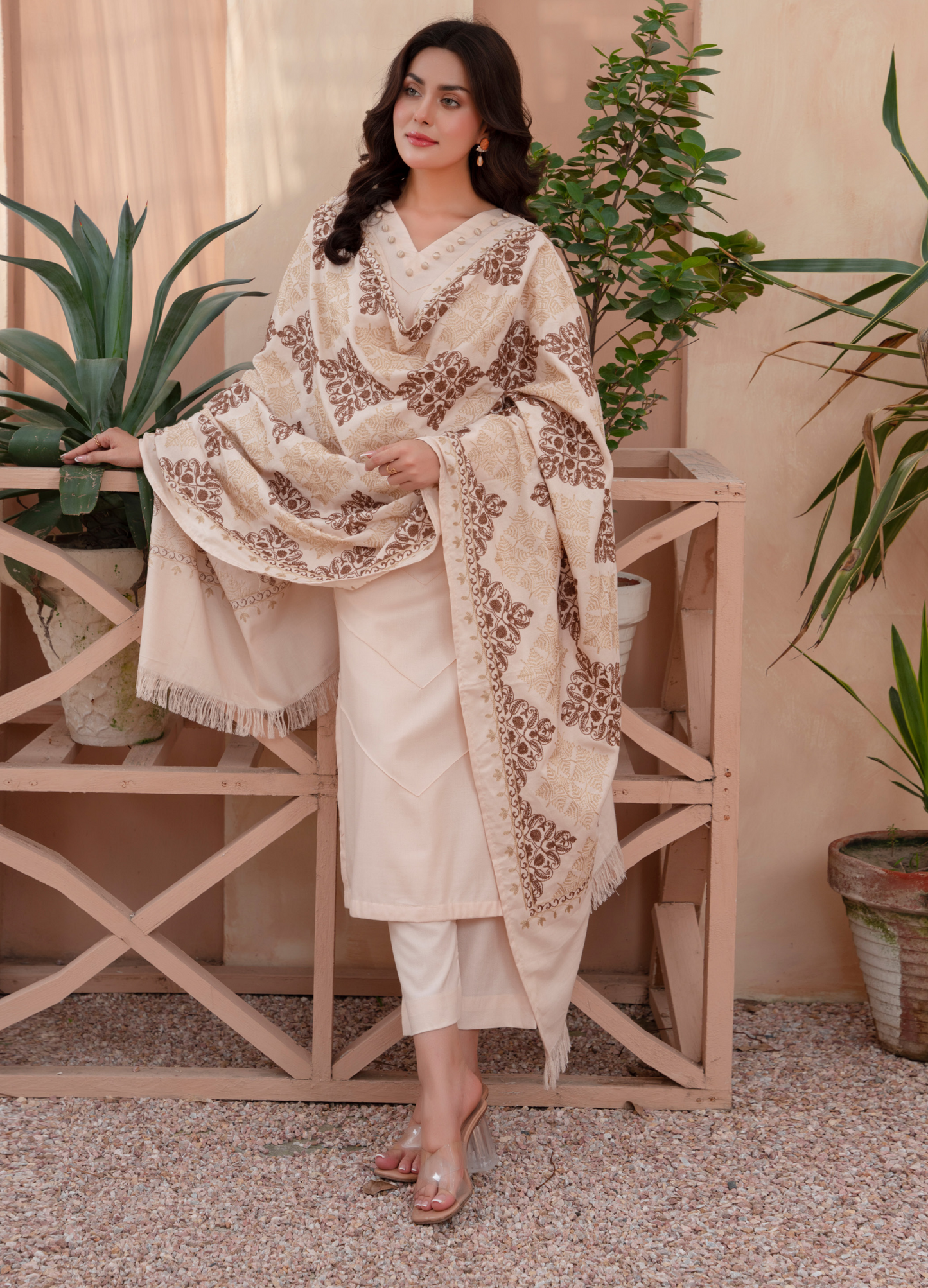 (Cream) 3 Pc Dhanak Dress with Embroidered Wool Shawl Dupatta | Winter Wear | RANIYA.H