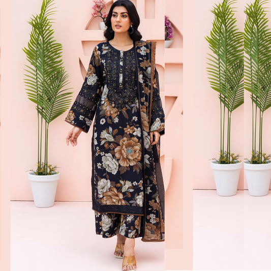 (Multi) linen Embroidered Printed Dress | Winter Collection | Rangz