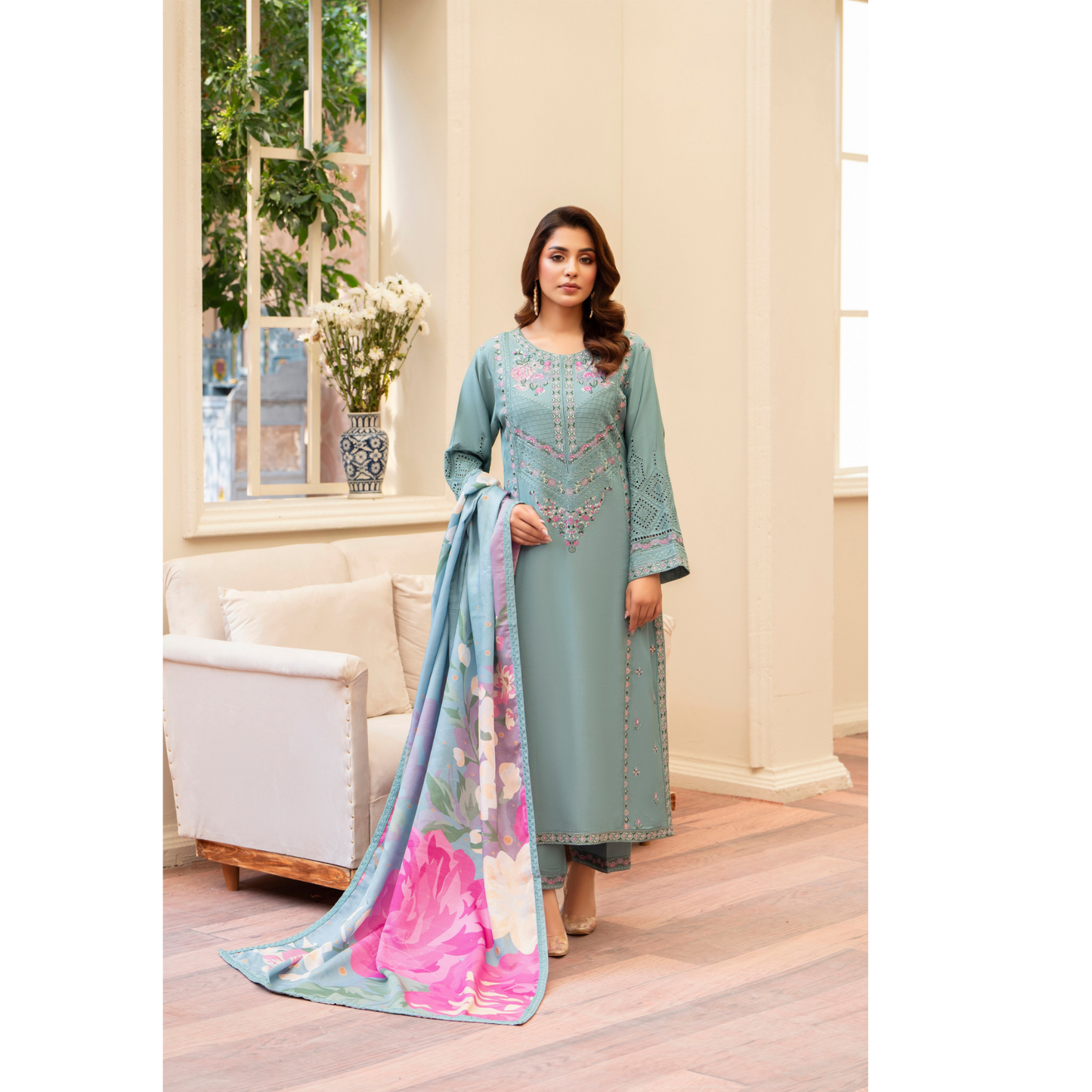 (SEA GREEN) 3 Pc Ready to Wear Embroidered Printed Collection | Karma Collection | UMKC0802