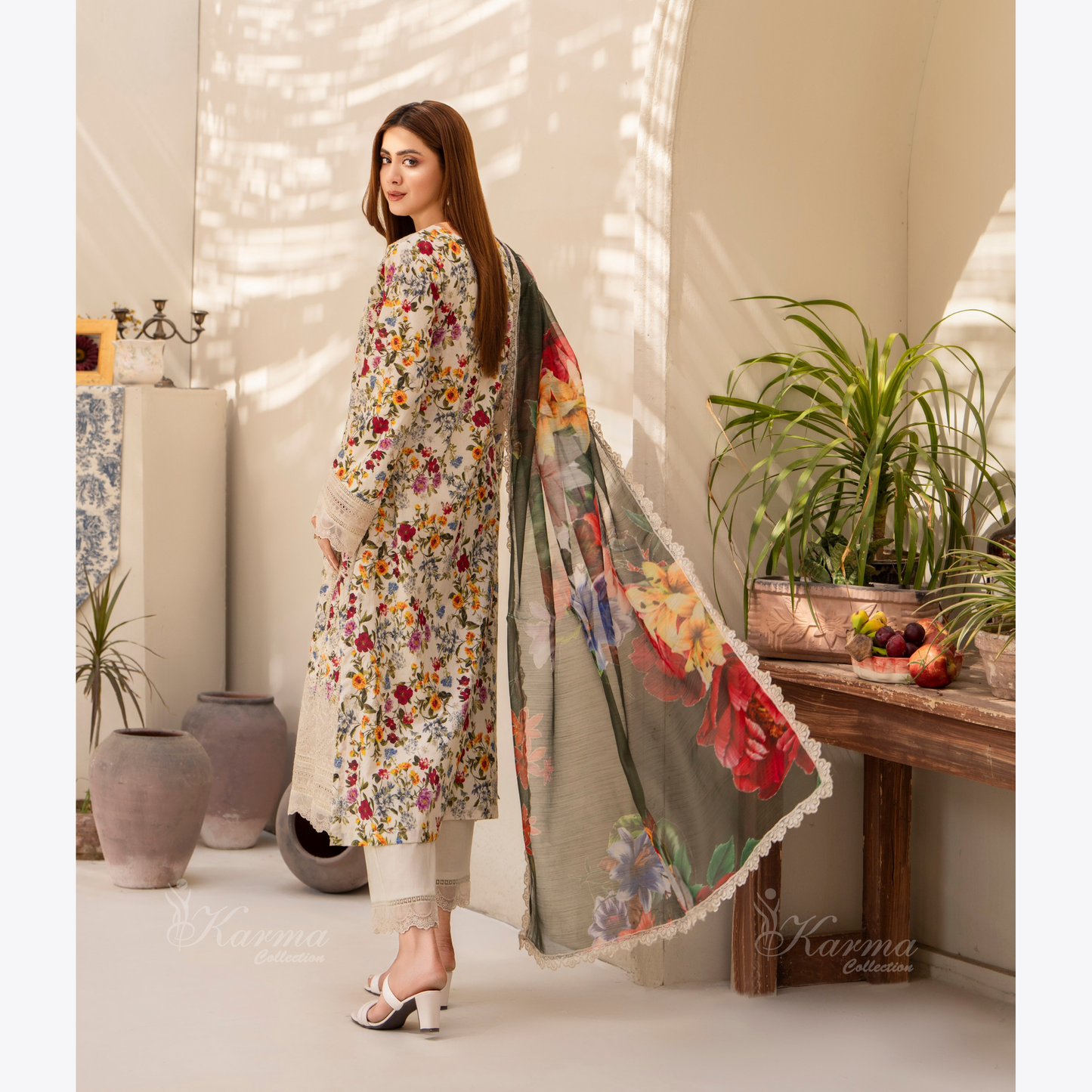Multi floral Print Cotrai dhanak with pasmina wool shawl 3 Pc - Karma Collection | UMKC0601