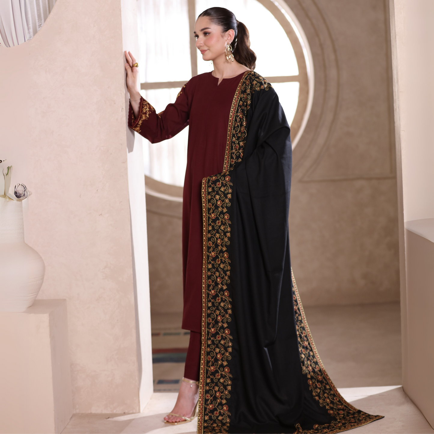 UA-29 3 Pc Embroidered Dhanak Dress with Embroidered Dhanak Shawl Pakistani Dress | UMNAA