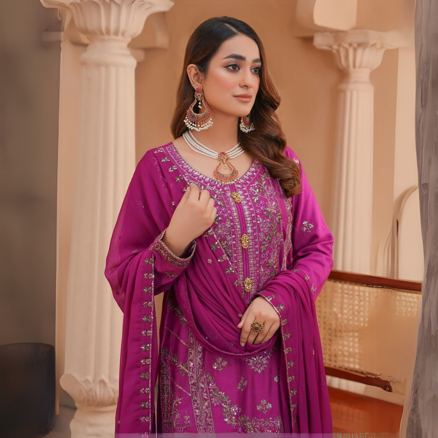 Luxury Embroidered Viscose Linen Dress 3 Pc | Winter Collection | Umnaa