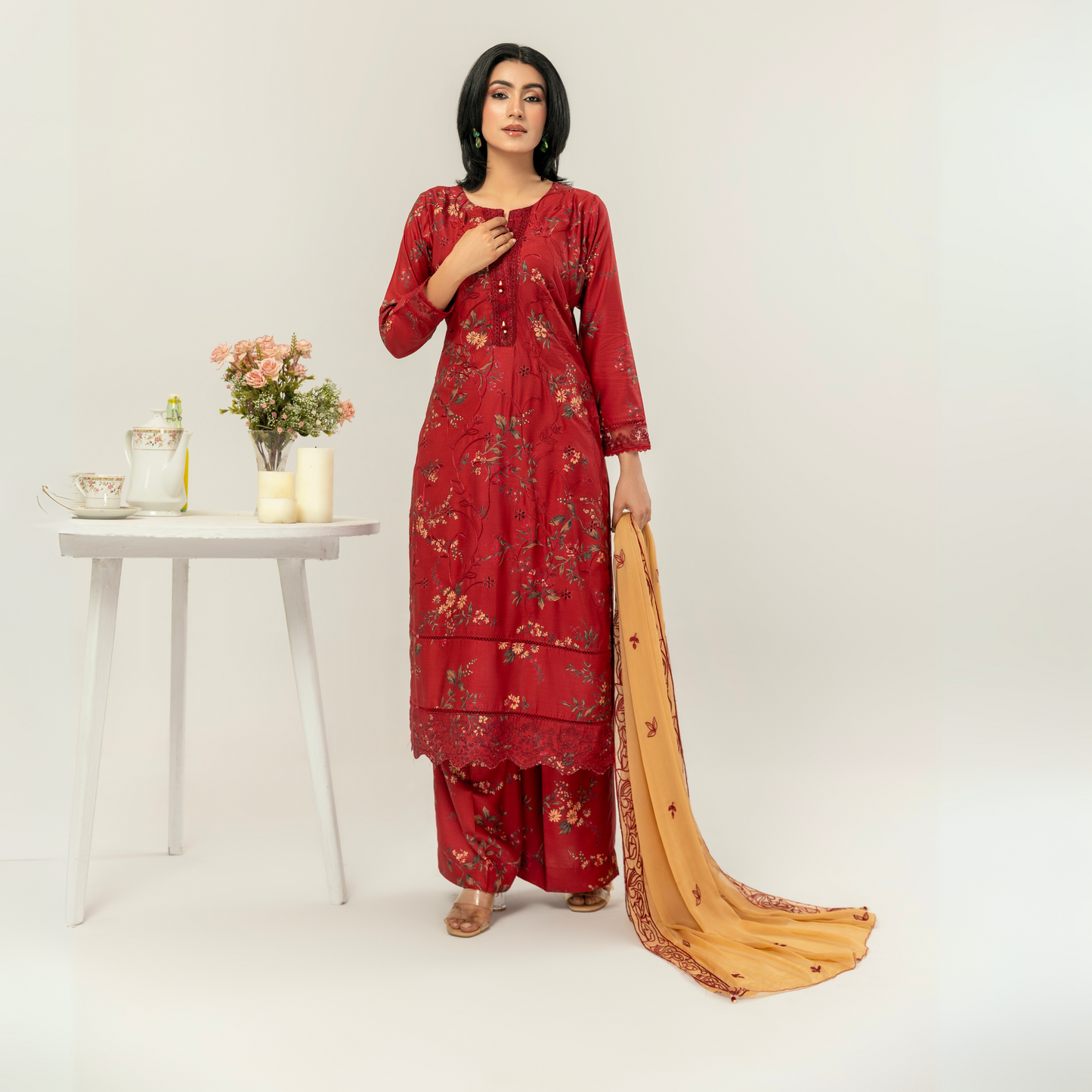 UMS-10 Floral Printed Embroidered Linen | 3 Pc | Ready-to-wear Dress - Simrans