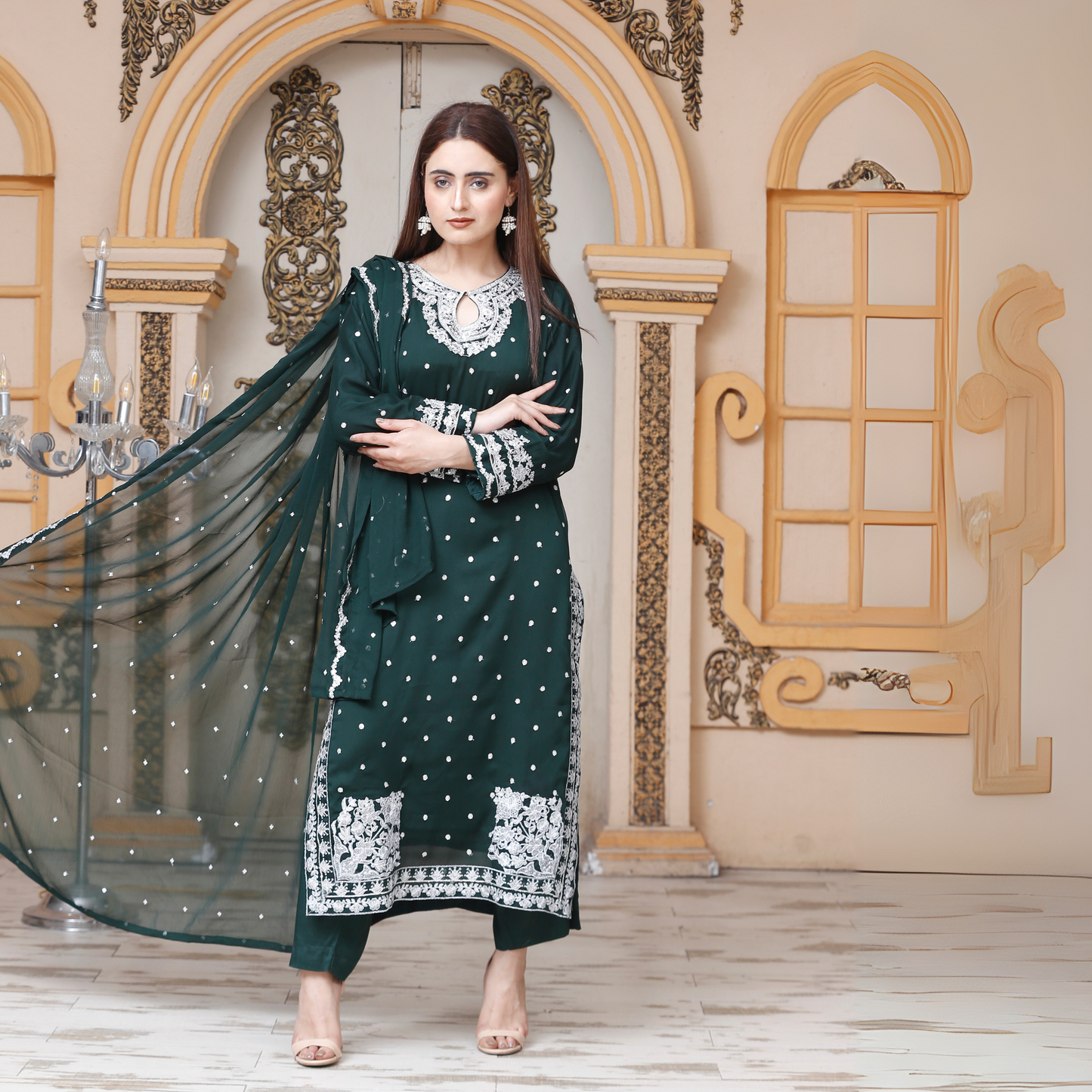 UA-54 3Pc Luxury Embroidered Chiffon Dress with Chiffon Dupatta 3 Pc |Ready to Wear| Umnaa