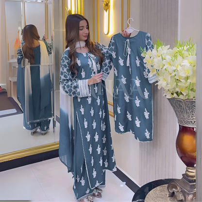 UA-57 3 Pc Luxury mother daughter Embroidered Linen Collection- Umnaa