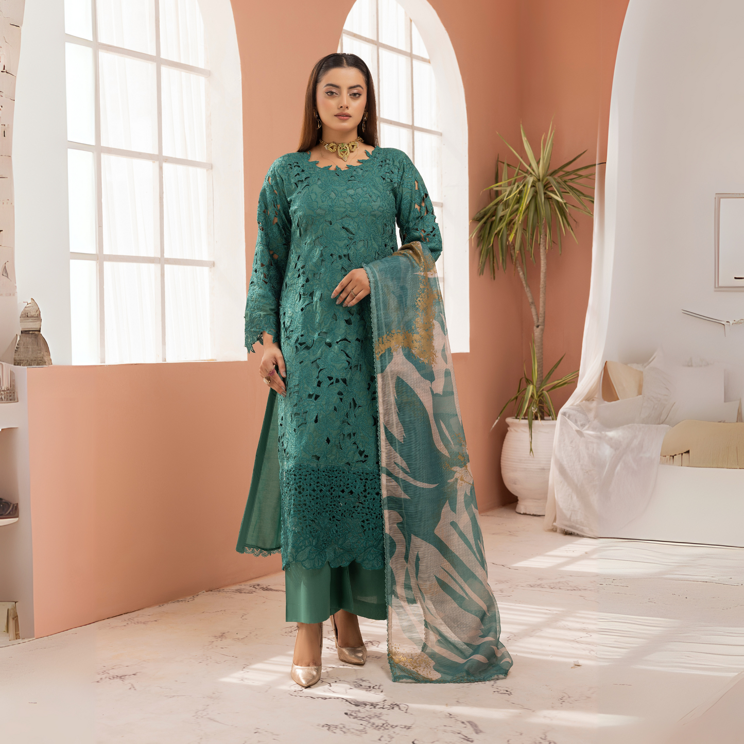 UMS-16 3 Pc Chikenkari Cambric Cotton Ready to Wear Dress | Simrans