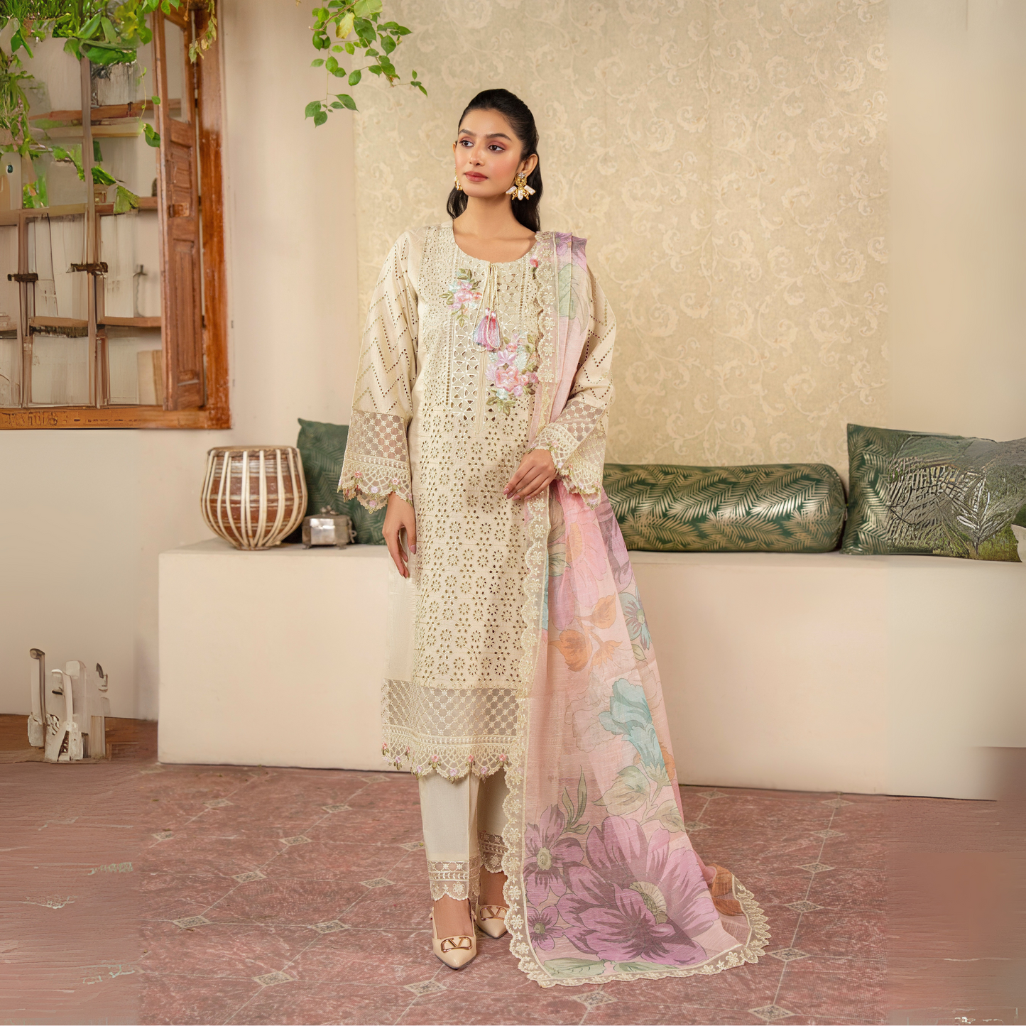 UKC-26 Embroidered Chikenkari Cambric Cotton Ready to Wear 3 Pc - Karma Collection